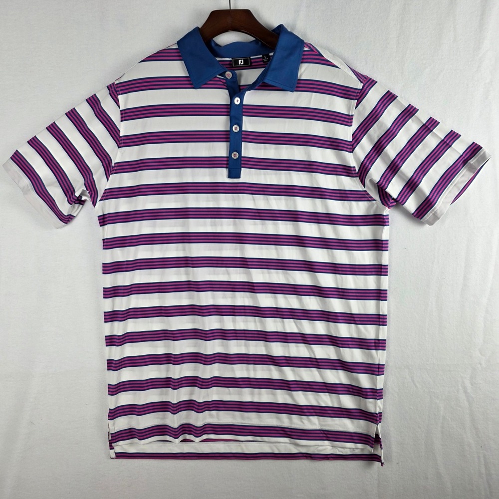 FootJoy Mens Large White Pink Blue Striped Performance Golf Polo Shirt